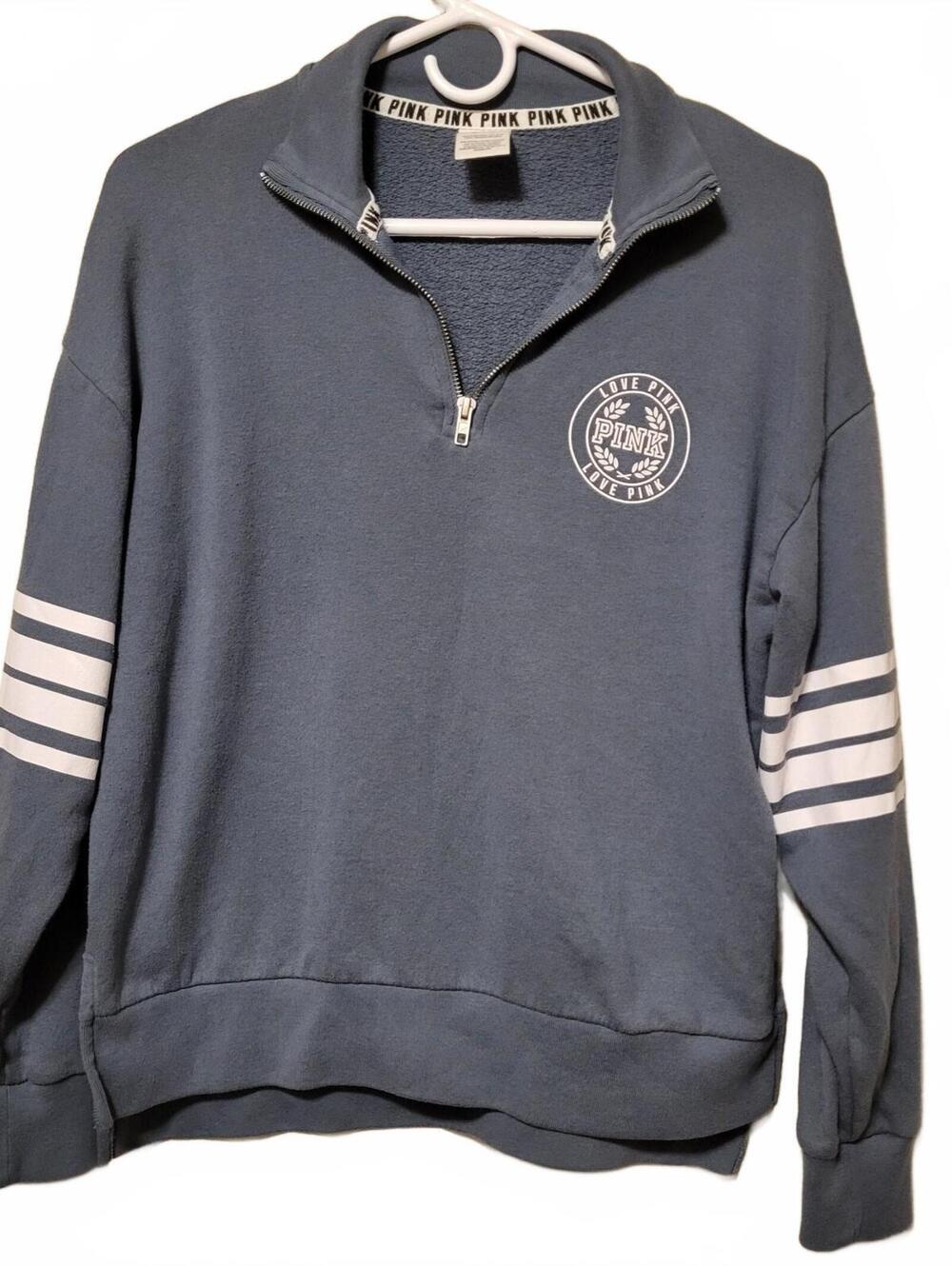 Pink Victoria's Secret Quarter Zip Pullover Sweatshirt Blue Gray XS Logo Striped